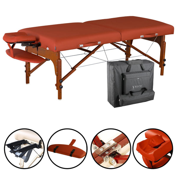 Clearance! Master Massage 70cm SANTANA Portable Massage Table Package with MEMORY FOAM Layer, Shiatsu Cables, & Reiki Panels! (Mountain Red Color)